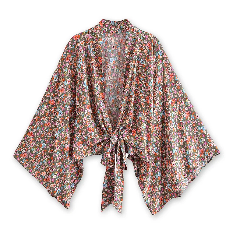 Clary Sage Boho Floral Print Crop Top Hooded Caped Shawl Collar