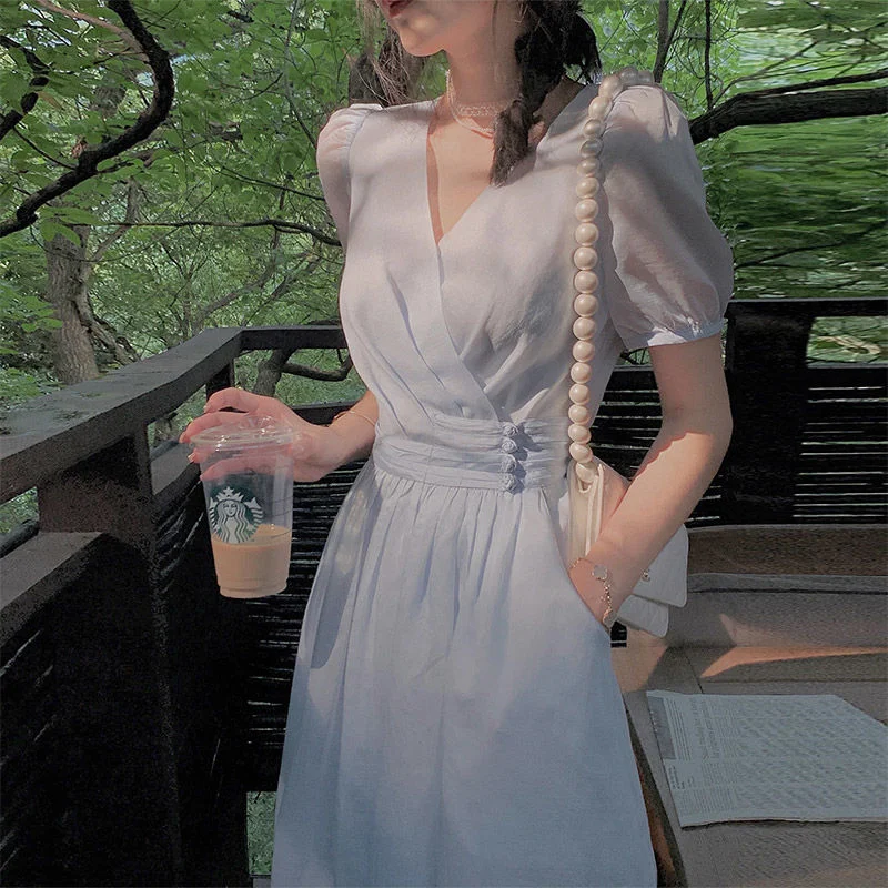 Elegant Fairy Midi Dress Women French Princess V-neck Korean Party Dress Female Summer One-piece Dress Office Lady Causal Satin Halter Glamorous Elegant Fairy Midi Dress Women French Princess V-neck Korean Party Dress Female Summer One-piece Dress Office Lady Causal Satin Halter Glamorous