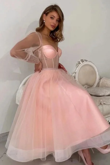 Elegant Long A-line Pink Tulle Long Sleeves Prom Dress Peach Party Dress Tunics Running lightweight Elegant Long A-line Pink Tulle Long Sleeves Prom Dress Peach Party Dress Tunics Running lightweight
