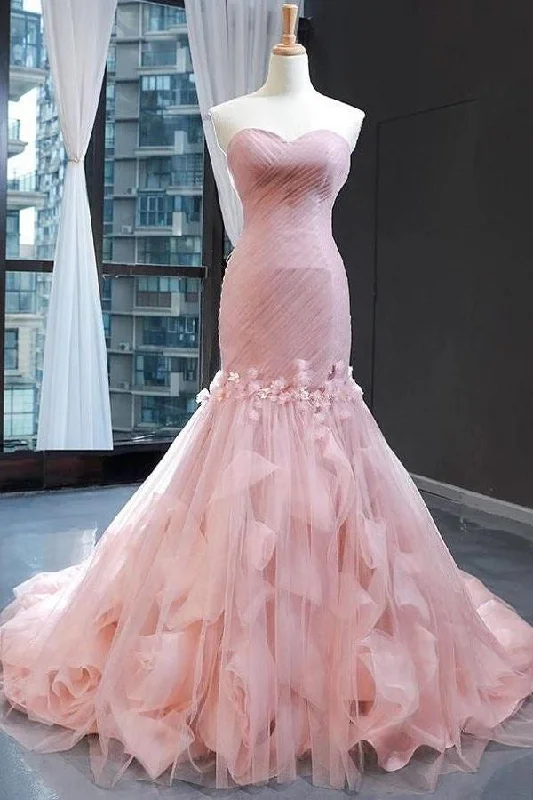 Pink Tulle Prom Dresses Sweetheart Mermaid Long Formal Dress with Ruffles,Wedding Party Dresses Tunics Vintage classic Pink Tulle Prom Dresses Sweetheart Mermaid Long Formal Dress with Ruffles,Wedding Party Dresses Tunics Vintage classic