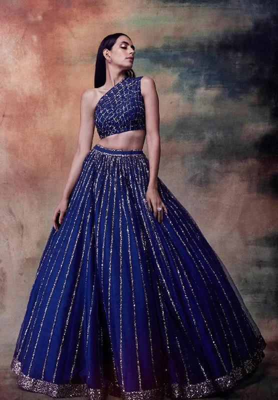 Midnight Blue One Shoulder Crop Top Skirt Set Lace Blend Ribbed Blend Corduroy Blend