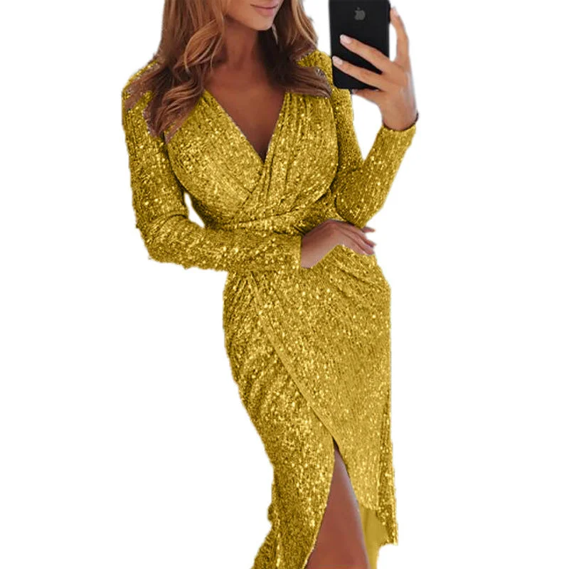 Womens Long Sleeve V-Neck Sequin Dinner Dress Ladies Evening party Dress Sequined Elegant Party
