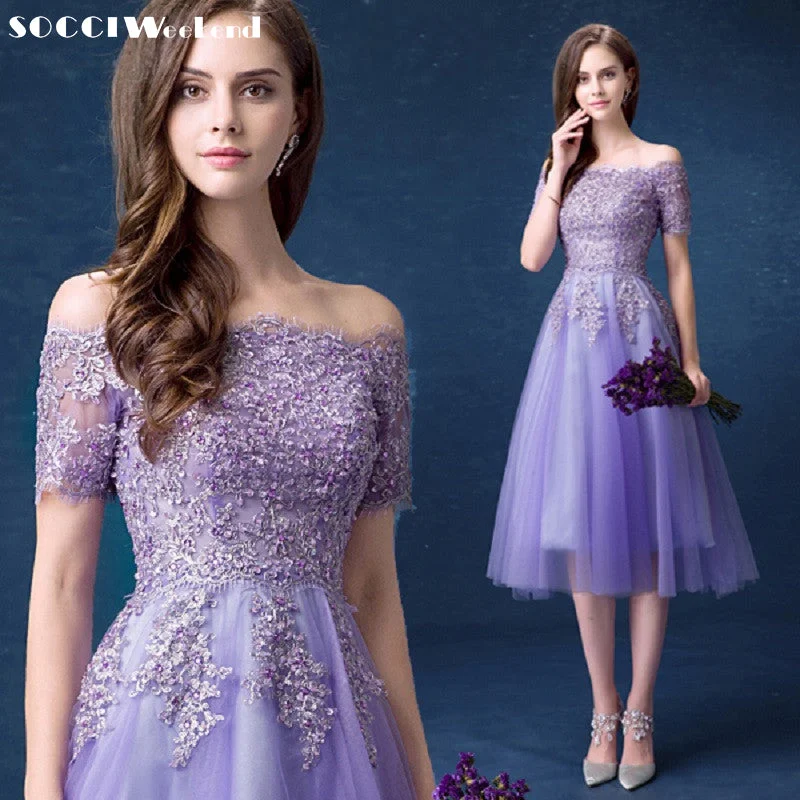 SOCCI Lavender Lace Sexy Boat-Neck Strapless Cocktail Dress New Lace-up Back Women Tea-Length Gowns Lady Wedding Party Dresses Tunics Trousers formal SOCCI Lavender Lace Sexy Boat-Neck Strapless Cocktail Dress New Lace-up Back Women Tea-Length Gowns Lady Wedding Party Dresses Tunics Trousers formal