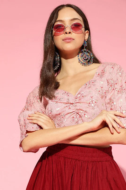 Peach Cotton Ethnic Motifs Printed Pleated Crop Top Ribbed Striped Patterned
