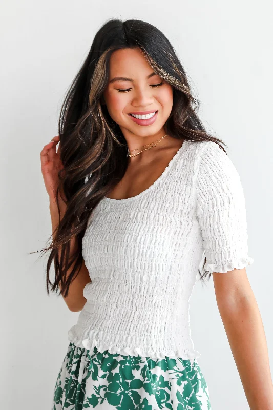 FINAL SALE - Dreamy Approach White Smocked Crop Top Wool Fabric Cashmere Fabric Tweed Fabric