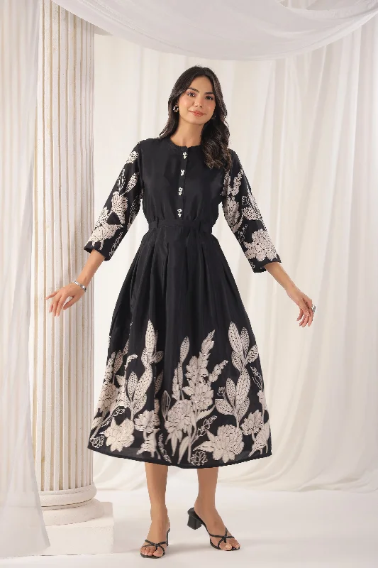 Black  Russian Silk Floral Printed Midi  Dress Tunics Short Trendy
