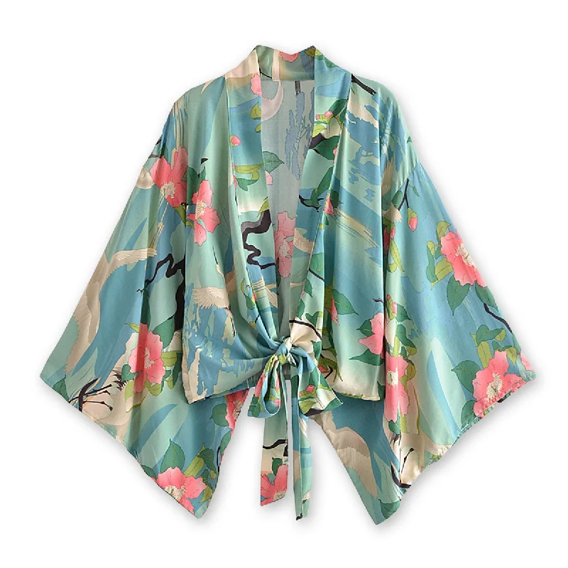 Moonlight Crane Boho Floral Print Crop Top Collared Crew Neck Turtle Neck