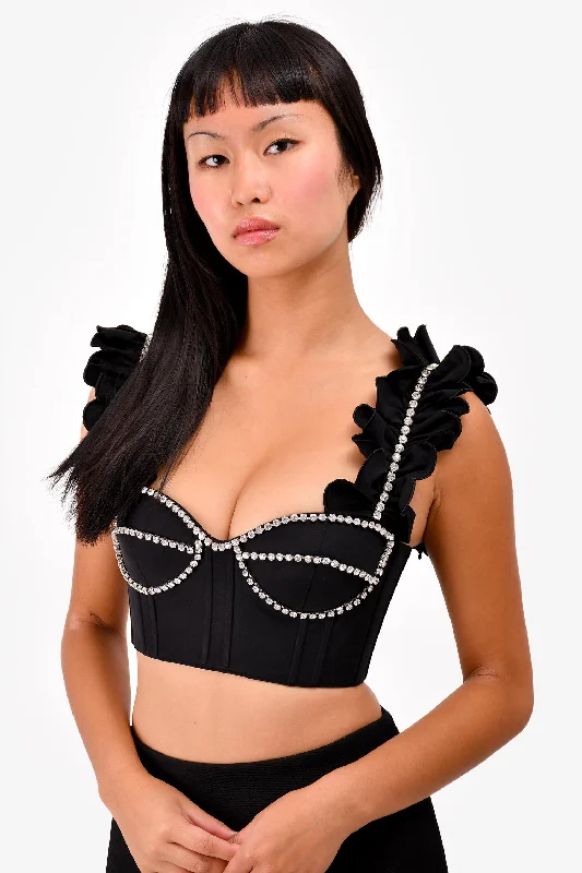 Area Black/Crystal Embellished Ruffle Crop Top Size 2 Asymmetrical Pockets Print
