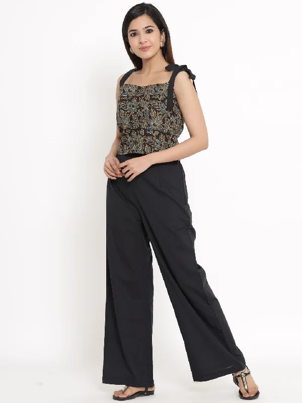 Women's Black & Brown Printed Crop Top & Palazzo by Kipek- (2pcs set) Solid Print Embellished