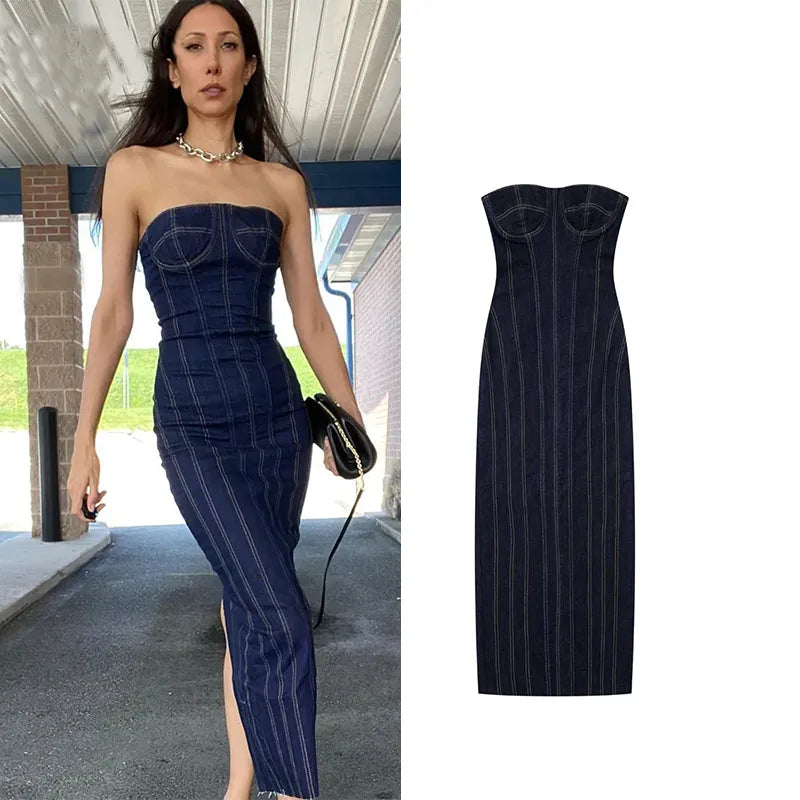 Dresses Women Tube Top Elastic Tight Dress Summer Backless Sexy Evening Dresses Denim Midi Party Dress Off-the-shoulder Bohemian Festive Dresses Women Tube Top Elastic Tight Dress Summer Backless Sexy Evening Dresses Denim Midi Party Dress Off-the-shoulder Bohemian Festive