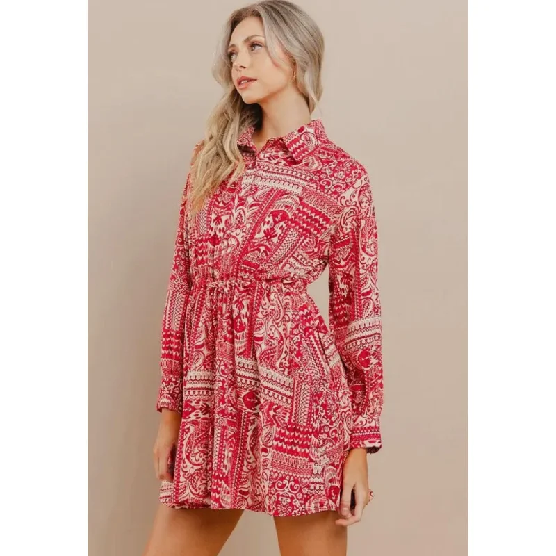 Dana Red Printed Longsleeve TCEC Dress-SALE Tunics Business professional