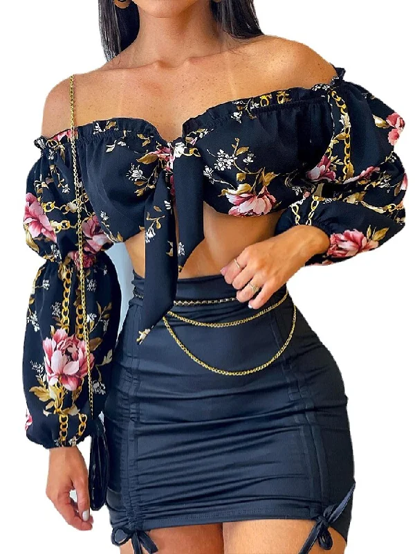 Flowers Print Slash Neck Long Sleeves Crop Top Skirts 2 Pcs Set Sexy Slim Summer Fashion Outfit Streetwear Dress Sets Notch Collar Peter Pan Collar Cowl Neck