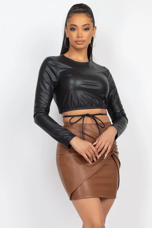 PU Criss Cross Long Sleeve Crop Top Cotton Fabric Linen Fabric Terry Fabric
