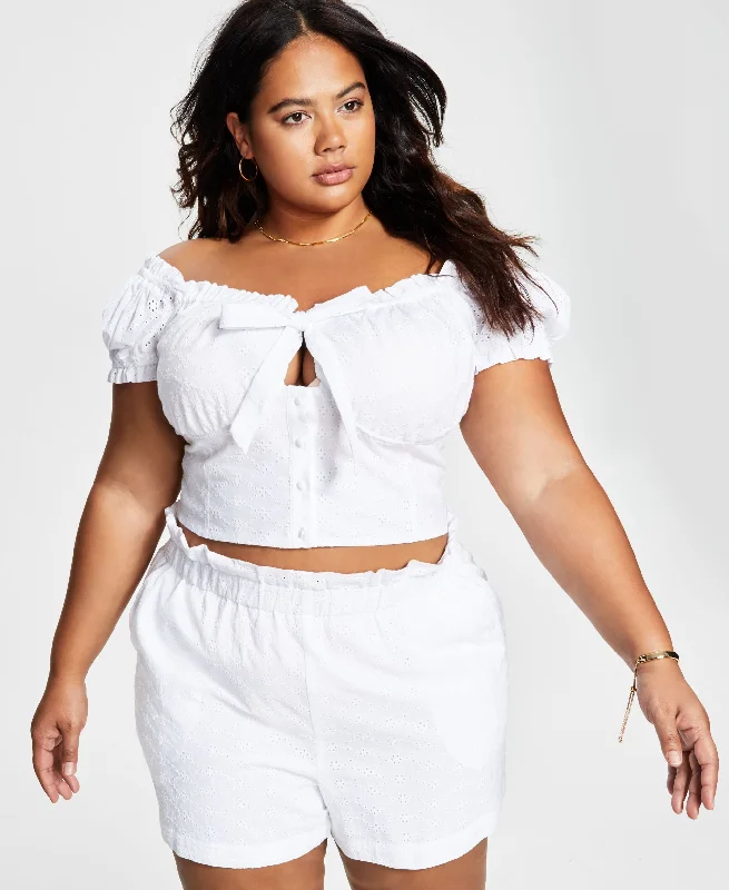 Bar III Trendy Plus Size Eyelet Embroidered Crop Top Summer Crop Top Casual Short Sleeve Bar III Trendy Plus Size Eyelet Embroidered Crop Top Summer Crop Top Casual Short Sleeve