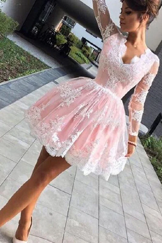Cute A-line Pink Short Homecoming Dress,Long Sleeves Party Dresses Tunics Lace romantic Cute A-line Pink Short Homecoming Dress,Long Sleeves Party Dresses Tunics Lace romantic
