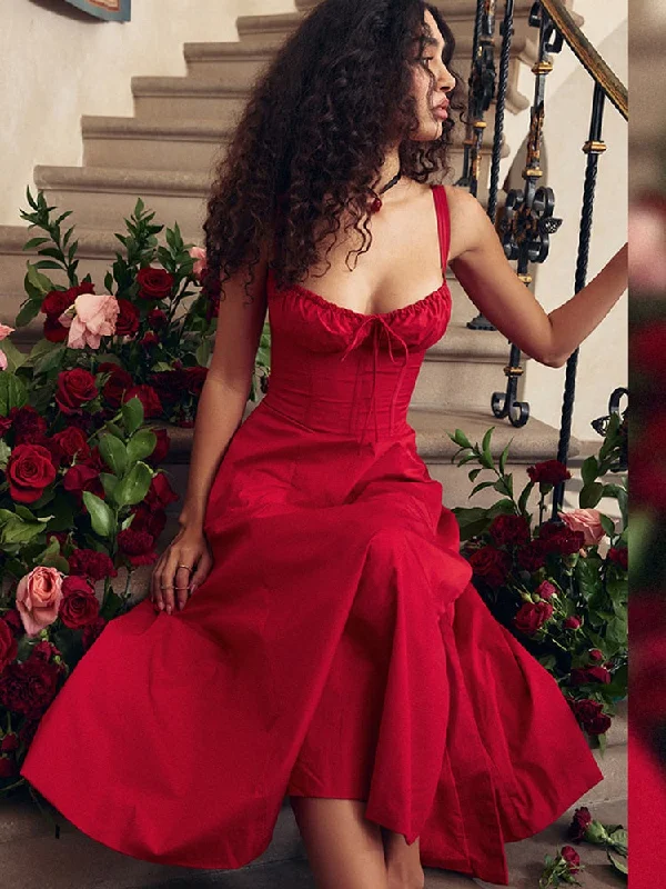 Elegant A Line Midi Dress Sexy Spaghetti Strap Lace Up Red Holiday Party Dresses Split Summer Dresses Women High-Low Hemline Casual Elegant A Line Midi Dress Sexy Spaghetti Strap Lace Up Red Holiday Party Dresses Split Summer Dresses Women High-Low Hemline Casual