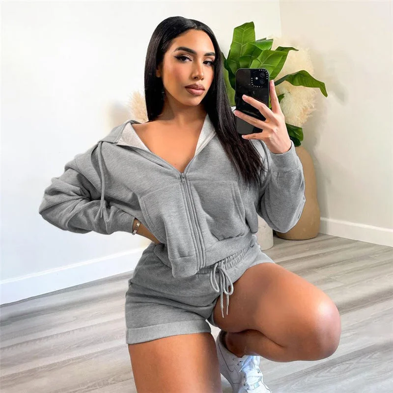 Fall Zipper Pocket Hoodies Sweatshirts Two Piece Shorts Set Women Clothing Gym Outfits Jogging Fleece Solid Tracksuit Hoodie with Patch Decorative Personalized Fall Zipper Pocket Hoodies Sweatshirts Two Piece Shorts Set Women Clothing Gym Outfits Jogging Fleece Solid Tracksuit Hoodie with Patch Decorative Personalized