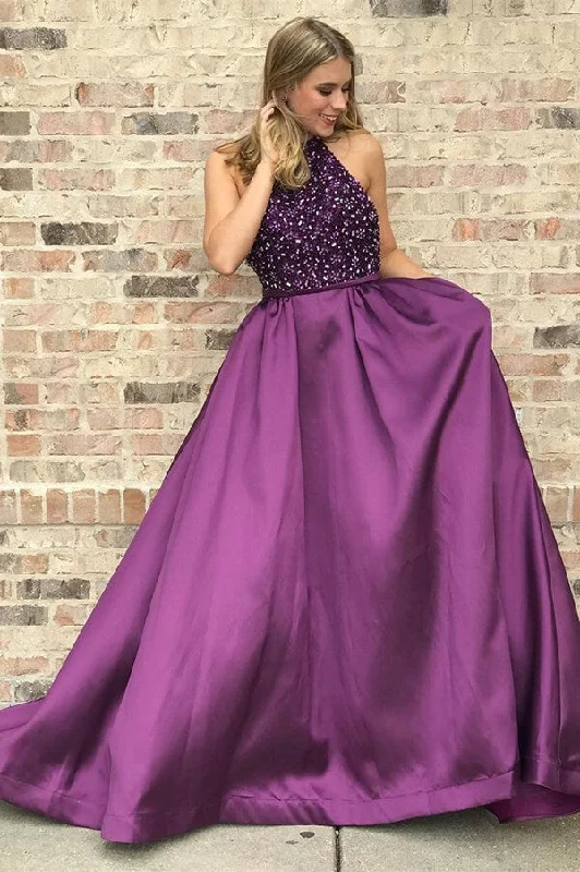 Purple Satin A-line High Neck Prom Dresses With Rhinestones, Party Dress Tunics Bridal satin
