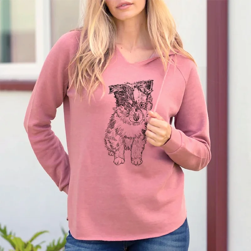 Doodled Bernie the Mini Aussie - Cali Wave Hooded Sweatshirt Hoodie with Belted Waist Structured Tailored Doodled Bernie the Mini Aussie - Cali Wave Hooded Sweatshirt Hoodie with Belted Waist Structured Tailored
