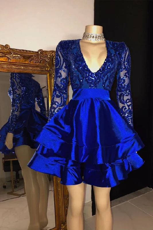 Royal Blue V-neck Long Sleeves Knee Length A-line Party Party Dresses Off-the-shoulder Chic Trendy Royal Blue V-neck Long Sleeves Knee Length A-line Party Party Dresses Off-the-shoulder Chic Trendy