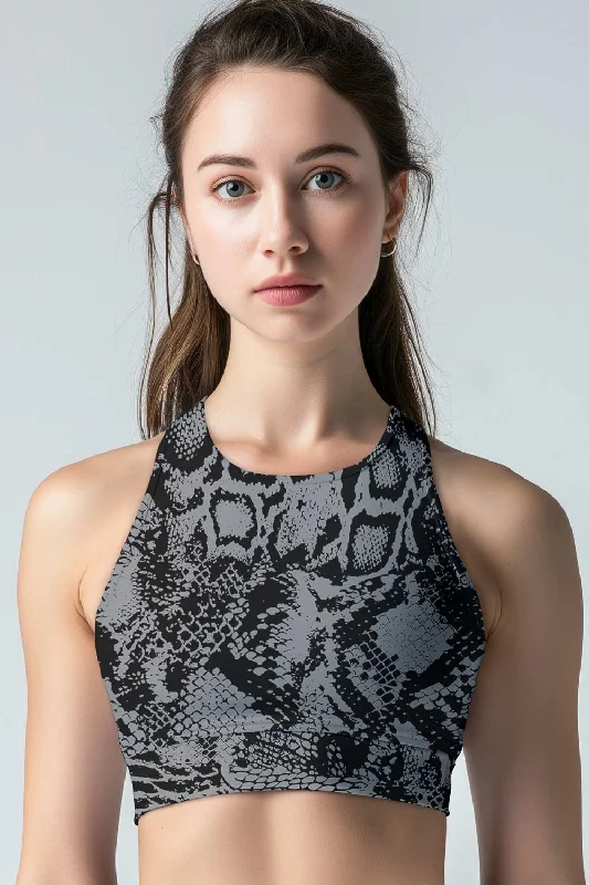 Aspire Starla Grey Snake Skin Print Padded Crop Top Sports Bra - Women Notch Collar Peter Pan Collar Cowl Neck