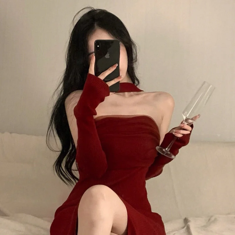 Red Knitted Y2k Dress Women's Sleeveless Halter Split Sexy Solid Stretch Slim Fit Backless Retro Women's Party Dress Elegant Tunics Travel practical Red Knitted Y2k Dress Women's Sleeveless Halter Split Sexy Solid Stretch Slim Fit Backless Retro Women's Party Dress Elegant Tunics Travel practical