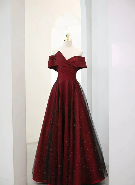 Elegant A-line off shoulder wine red sheer long party dress, wine red and black backless prom dress Tunics Satin smooth Elegant A-line off shoulder wine red sheer long party dress, wine red and black backless prom dress Tunics Satin smooth