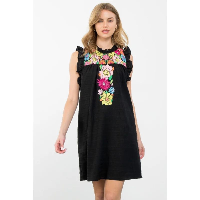 Joni Embroidered Detail Textured THML Dress Square Neckline Feminine