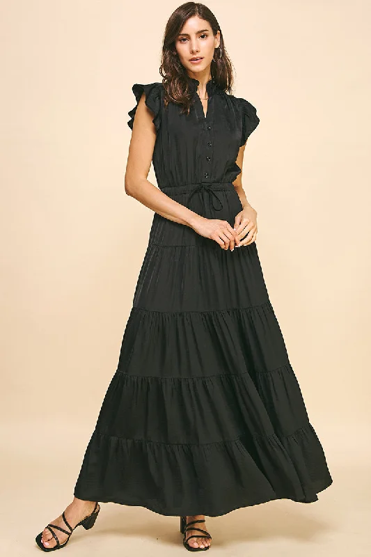 Liza Black Satin Tiered  Maxi PINCH Dress A-Line Day Work