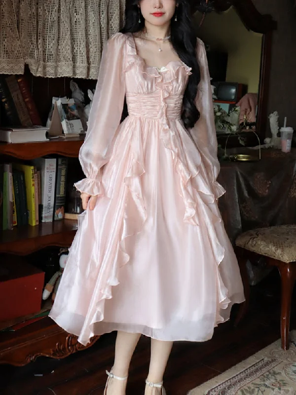 Autumn Vintage Party Midi Dress Women Pink Fairy Korean Style Sweet Dress Female Bubble Sleeve Elegant Evening Party Dress Tunics Canvas sturdy Autumn Vintage Party Midi Dress Women Pink Fairy Korean Style Sweet Dress Female Bubble Sleeve Elegant Evening Party Dress Tunics Canvas sturdy