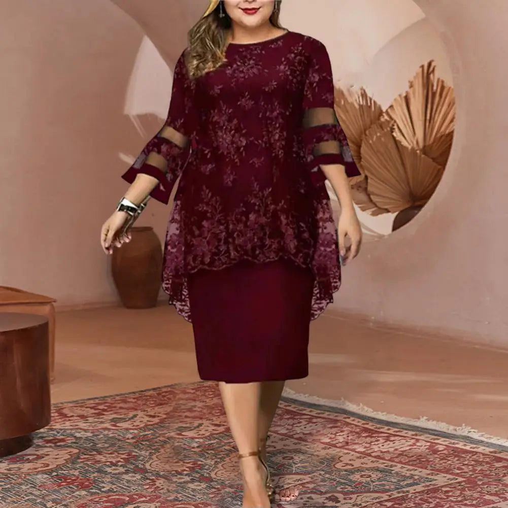 Lady Party Dress Lace Patchwork Flare Sleeves Midi Dress Fake Two Piece Elegant Bodycon Dress For Wedding Banquet Off-the-shoulder Bohemian Festive Lady Party Dress Lace Patchwork Flare Sleeves Midi Dress Fake Two Piece Elegant Bodycon Dress For Wedding Banquet Off-the-shoulder Bohemian Festive