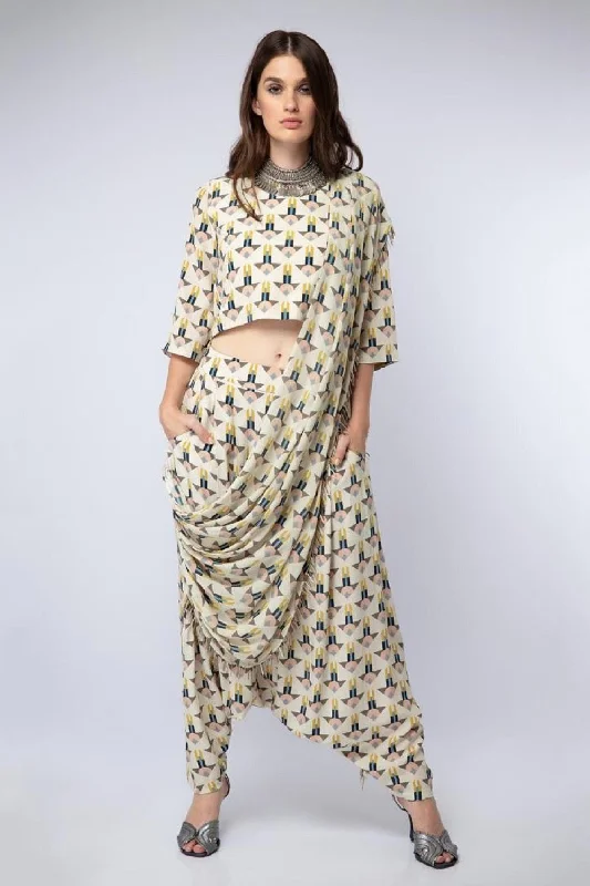 Arrow Print Crop Top with Dhoti Pants Mesh Canvas Denim