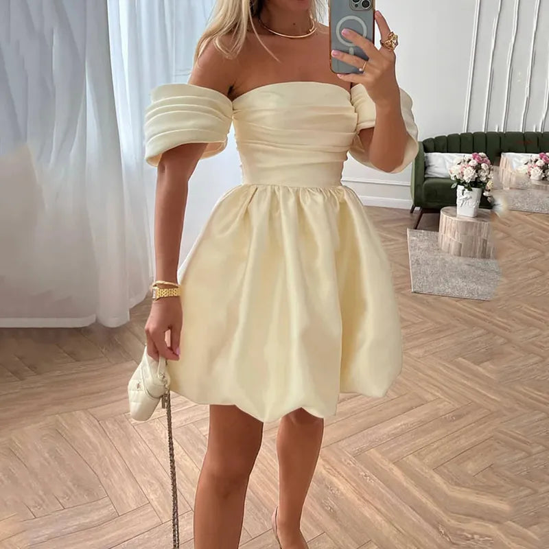Fashion Solid Waist Ball Prom Dress Sexy Ladies Strapless Puff Sleeve A-line Dress Elegant Off Shoulder Draped Party Dress Tunics Handmade artisanal Fashion Solid Waist Ball Prom Dress Sexy Ladies Strapless Puff Sleeve A-line Dress Elegant Off Shoulder Draped Party Dress Tunics Handmade artisanal