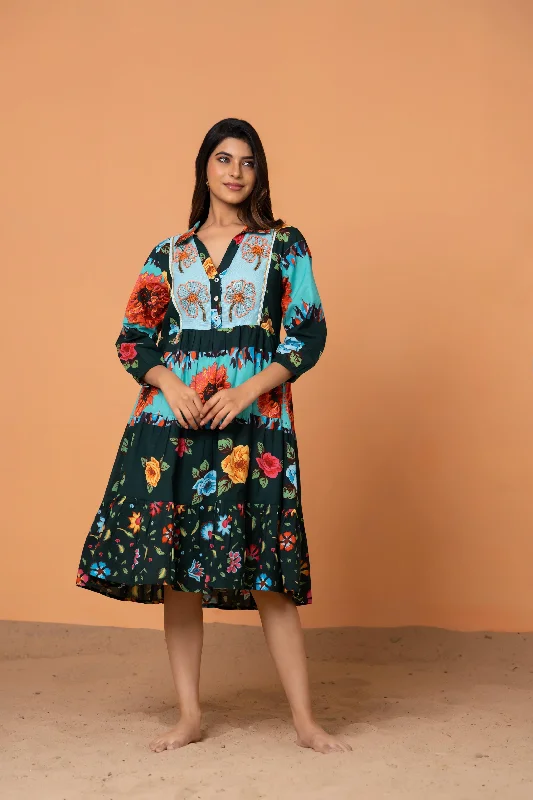 Black Abstract Floral Beaded Lace Button-Front Cotton Dress Tunics Fleece cozy