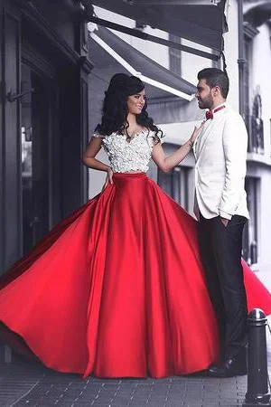 White Lace Crop Top Red Satin Two Piece A Line Prom Dresses DM817 Chenille Brocade Lace White Lace Crop Top Red Satin Two Piece A Line Prom Dresses DM817 Chenille Brocade Lace