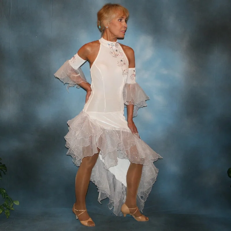 White Latin-Rhythm Dress with Lots of Flounces, Swarovski Rhinestone Work & Hand Beading-Chacita Tunics Sophisticated sleek