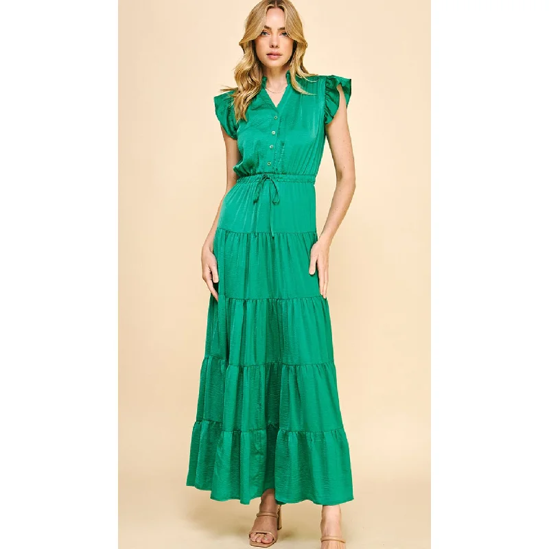 Lex Green Satin Tiered  Maxi PINCH Dress Crew Neckline Sporty
