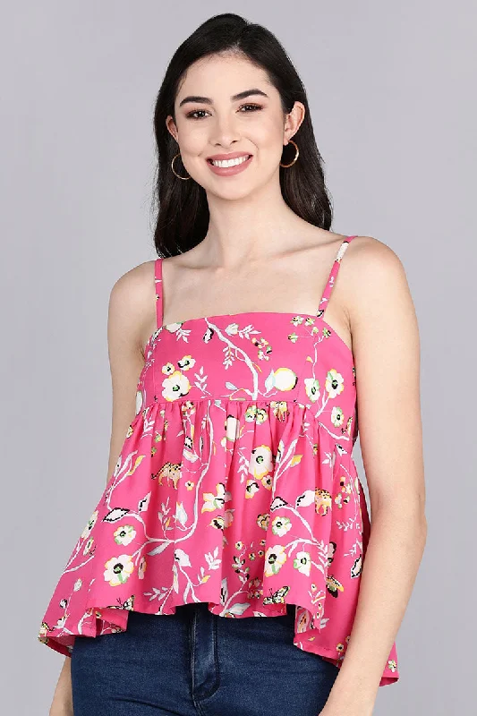 Pink Georgette Floral Printed Peplum Strappy Crop Top Jersey Fabric Tulle Fabric Batik Fabric