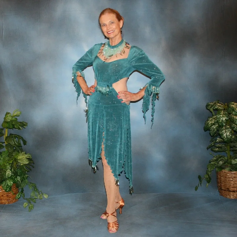 Teal Latin-Rhythm Dress with Lots of Hand Beading & Spangles-Spangles Pencil Office Professional Teal Latin-Rhythm Dress with Lots of Hand Beading & Spangles-Spangles Pencil Office Professional
