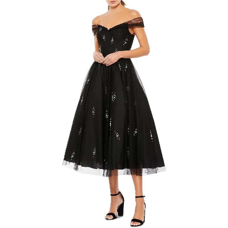 Womens Embelleshed Mid Calf Cocktail And Party Dress Off-the-shoulder Chic Trendy
