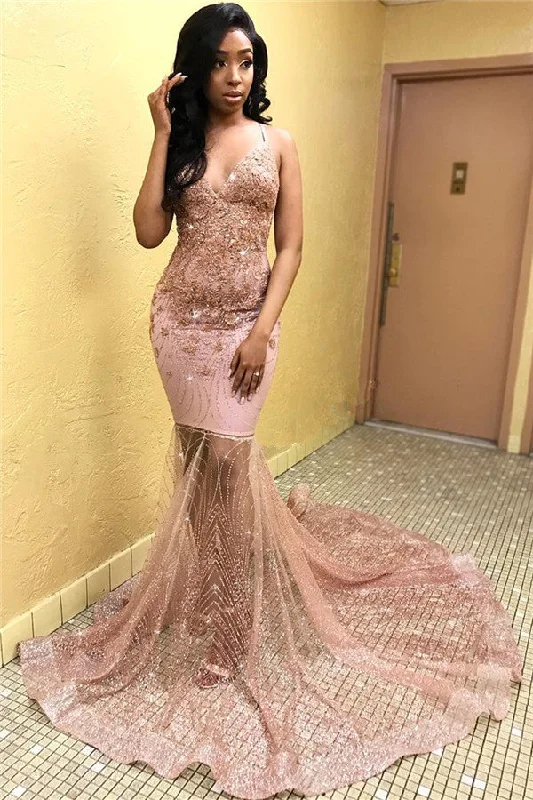 Pink Appliques Mermaid Tulle Prom Dresses | Sexy Sleeveless Spaghetti-Straps Party Dresses High-Low Hemline Casual Pink Appliques Mermaid Tulle Prom Dresses | Sexy Sleeveless Spaghetti-Straps Party Dresses High-Low Hemline Casual