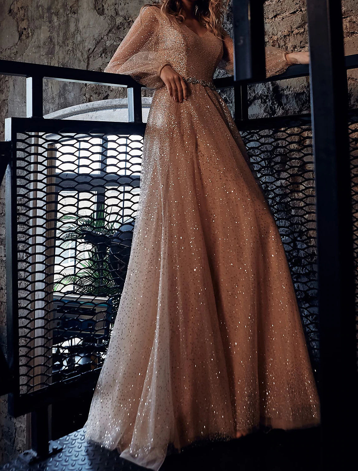 A-Line Glittering Prom Dress Maxi Party Dress Formal Evening Birthday Dress V Neck Long Sleeve Floor Length Tulle with Sash / Ribbon Tunics Fleece cozy