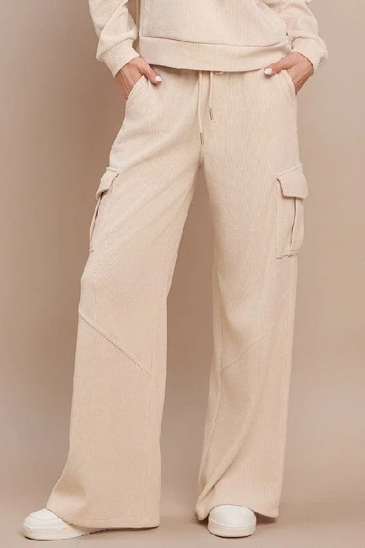 Yelete Corduroy Wide Leg Cargo Pants in Ivory Casual Sweatpants Style