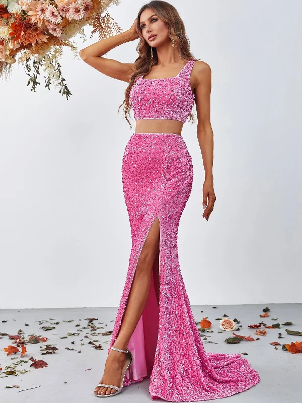 Stylish Sequin Sleeveless Crop Top & Sequin Slit Skirt Two Piece Set Elegant Classic Vintage Stylish Sequin Sleeveless Crop Top & Sequin Slit Skirt Two Piece Set Elegant Classic Vintage