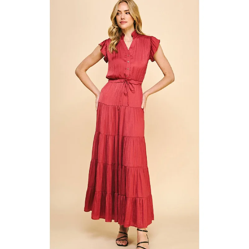 Leilani Satin Tiered  Maxi PINCH Dress Crew Neckline Casual