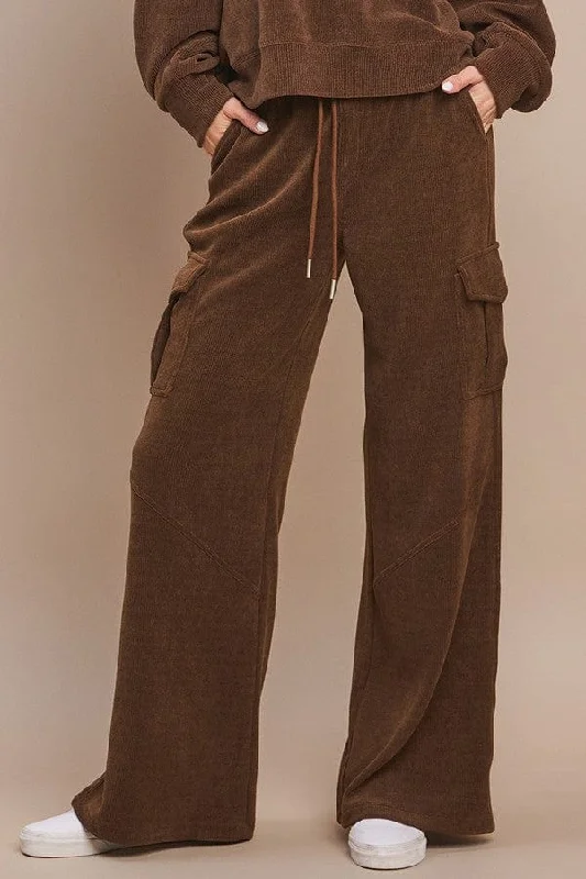 Yelete Corduroy Wide Leg Cargo Pants in Brown Stretch Fit Pants