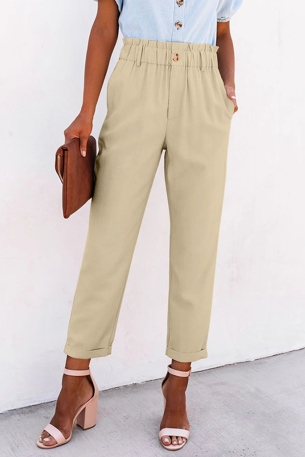 Beige Casual Frill Paper Bag Pocket High Rise Pants Formal Linen Trousers
