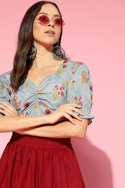 Blue Cotton Floral Printed Pleated Crop Top Solid Print Embellished