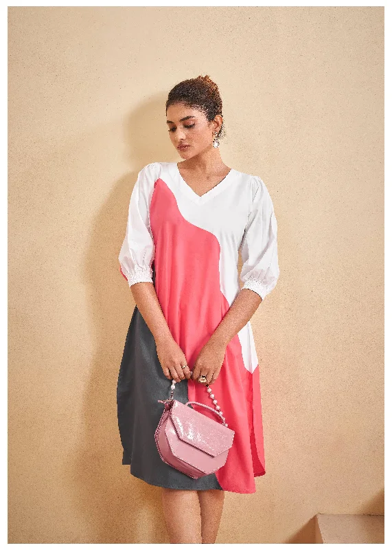 Abstract Color-Blocked  Cotton A-Line Dress Tunics Fleece cozy