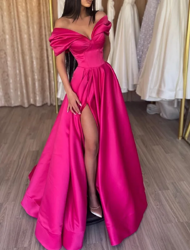 A-Line Evening Gown Party Dress Sexy Dress Prom Birthday Floor Length Short Sleeve Off Shoulder Satin with Slit Pure Color Tunics Canvas sturdy A-Line Evening Gown Party Dress Sexy Dress Prom Birthday Floor Length Short Sleeve Off Shoulder Satin with Slit Pure Color Tunics Canvas sturdy